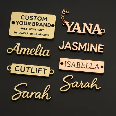 Custom Brand Logo Sewing Tag Seawater-Resist Swimsuit Accessories Metal Plating Roll Shape Printed Technics for Garment Swimwear
