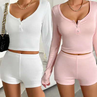 Custom Logo White pink Scoop Neck Long Sleeve Crop Top and Shorts Set Sexy Slim Fit Two 2 Piece Set Women Casual Loungewear