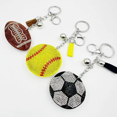 Promotional Diamond Bling Baseball Softball Leather Tassel Keychain Crystal Rhinestone Key Charm Ring Pendant Keychain