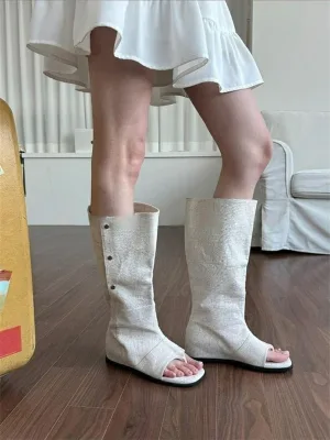 Women's Summer Cowboy Boots Breathable Korean-style High Cylinder Low Heel Hollow Stitching Round Toe