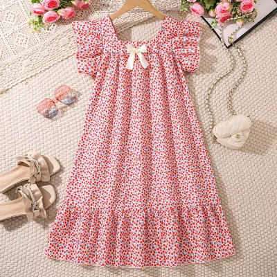 Summer New Cute Bow Cherry Print Girls' Princess Dress Children's Casual Clothing with O-Neck Collar