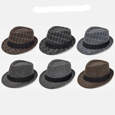 HZM-26301 Vintage Plaid Fedora Hat British Style Gentleman Short Brim Cap Men Autumn Winter Checkered Casual Hat
