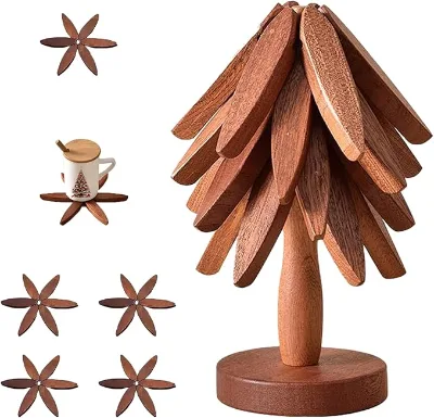 Kitchen Folding Tree Shape Trivet Set Wooden Tree Trivet Set Wooden Tree Coasters Set of 4 for Hot Dishes