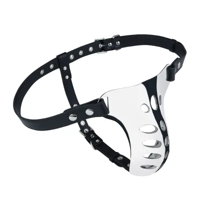 A Stainless Steel Male Chastity Belt with Hollow Cage Design Adjustable PU Leather Straps Lockable BDSM Fetish Bondage Device