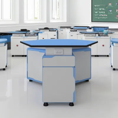 Modern Plastic Hexagonal Lab Tables with Lockers and Sockets Laboratory Furniture for Schools Hospitals and Workshops