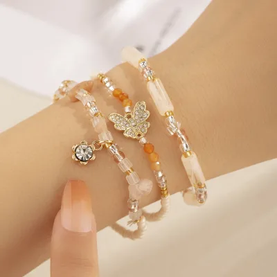 Multi-layer Bracelet with Diamond-encrusted butterfly Zircon Pendant, Vintage Glass Bead Multi-layer Bracelet