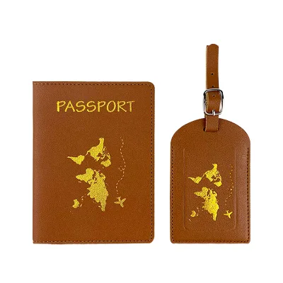 Customizable PU Leather Passport Case with Gold-Embossed for Amazon Luggage Tag Map Logo Business Gift Passport Clip Set