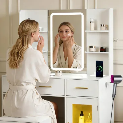 Vanity Table with Three Color Adjustable Light,USB Charging Port,Leather Stool,Double-Layer Acrylic Cabinet WithAmbient Lighting