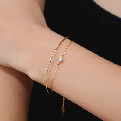 Dainty 925 Sterling Silver Minimalist Cuff Zircon Thin Stackable Bangle Bracelet Set for Women