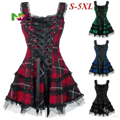 Gothic Style Dress Women Sleeveless Cross Lace up Slim Waist Short Medieval Cosplay Costumes Summer Dress Style Party