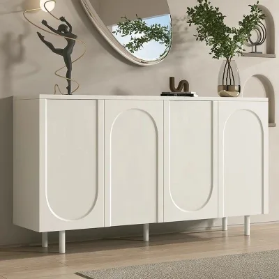 Cream White Arched Shoe Cabinet 4 Door Timber Storage Sideboard with Display Top for Living Room Entryway Shoe Rack Schuhschrank