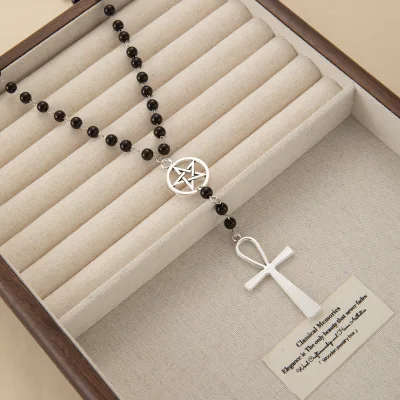 Trendy Retro Cross Pendant Necklace with Black Bead Star Charm Ancient Egyptian Anka Symbol Beaded Bracelet Style