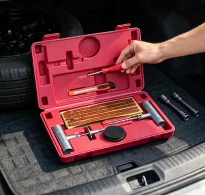 Universal Car Tyre Puncture Repair Kit Heavy Duty Metal Tools With Seal Strips & Clear Storage Case