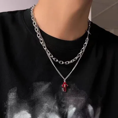 Double Layered Titanium Steel Y2K Necklace Halloween Jewelry Hip Hop Red Cross Pendant Necklace