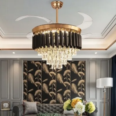 Crystal Luxury High-End Ceiling Fan Lamp Living Dining Room New Elegant Zhongshan Lighting Cross-Border LED Light Invisible Fan