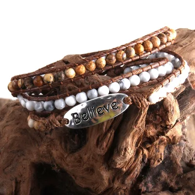 Women Boho Arm Bander Metal Natural Howlite Stone Amazonite Bracelet 3 Strands Believe Letter Charm Wrap Bracelets