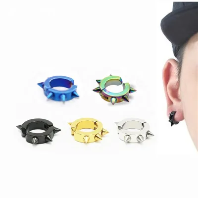Stainless Steel Spiny Cuspidal Clip on Men Earring Non Piercing Punk Spike Circle Earrings