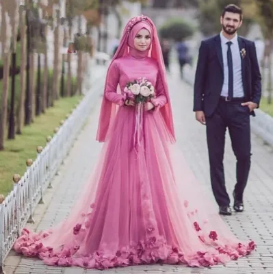 Arab Muslim Hand Made Hijab Blush Pink Wedding Dress Wedding Gown With Flowers