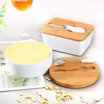 Custom Large Round Rectangle Ceramic Butter Dish With Knife and Wooden Lid Butter Container Butter Box