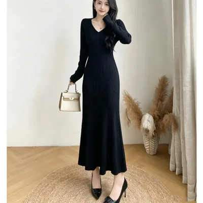 Women Deep V Neck Long Sleeve Vertical Rib Knit Maxi Mermaid Dress Slim Bodycon Long Sweater Dress Solid Black Elegant Evening