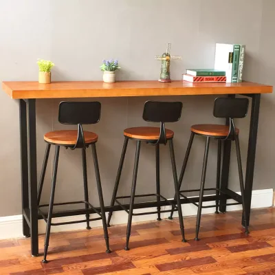 Wholesale American Vintage Solid Wood bar Table and Chair Set Simple Cafe Combination Metal High Leg Narrow Long bar Table