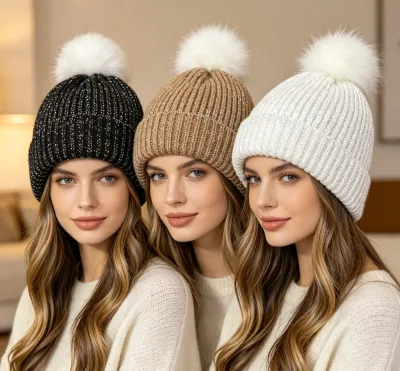 Customized Reflective Knit Caps High Quality Artificial Fur Winter Hats with Pompoms Suitable for Both Women and Men to Use