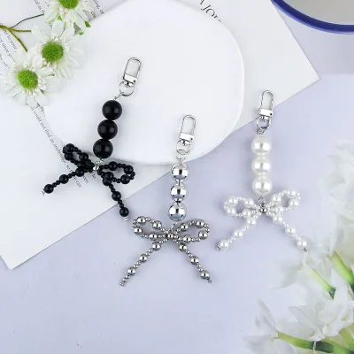 Trendy Y2K Metal Bead Keychain Bow Charm Pendant Bead Bow Bag Charm Resin Bow Pearl Girly Keyring Plastic Key Chains