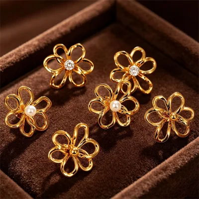 Brand New 18k Gold Plated Flower Shaped Fashion Fine Stud Earring Stainless Steel Inlad Zircon Imitation Pearl Jewelry for Women