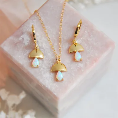 Stylish Stainless Steel Mushroom Shaped Pendant Set with Natural Stone Opal Necklace Earrings Set Jewelry