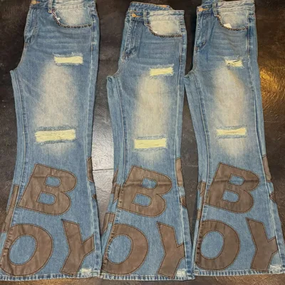 Men's Luxury Leather Applique Denim Y2K Flare Jeans Custom  Streetwear Hip Hop Washed Ripped Heavyweight Designer Boocut Jeans
