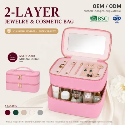 Custom Double Layer PU Leather Jewelry Cosmetic Case BSCI Certified Factory Travel Makeup Vanity Box Wholesale