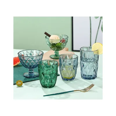 Vintage Colored Beverage Stemmed Glass Cups Embossed Design Glassware Glass Wine Goblet for Water Juice Wine