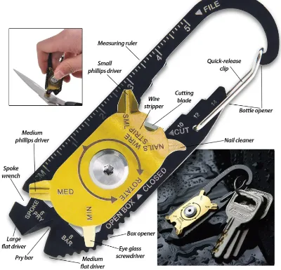 20 in 1 Mini Multi-Function Survival Tool Cool Gadget Carabiner Hex Screwdriver Spanner Stainless Steel 40g Camping