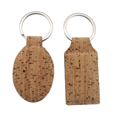 Natural Cork Keychains Oval Rectangle Blank Custom Logo Eco Friendly Stitched Metal Split Ring Promotional Key Holders