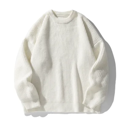 Heavyweight Chunky Ribbed Knit Crew Neck Sweater Loose Fit Solid Color Winter Men's Pullover