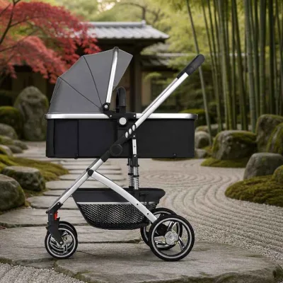 Night Feed Baby Stroller Bed Side Park Roll Grey Hood Face Silver Rod Dark Hour Pram Carriage Walk