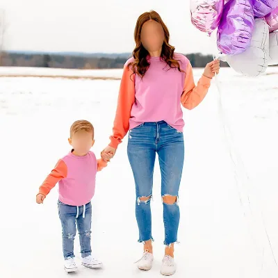 Mom and Me Matching Outfits Unisex Color Block Sweatshirt Custom Printed Women and Girl Pullover Tops Casual Loose Workout Shirt