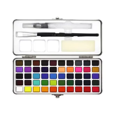 Idrawit 50 Colors Solid Watercolor Paints Half Pans Pigment Set with Watercolor Pens and 6 Liner Pens for Canvas Paper