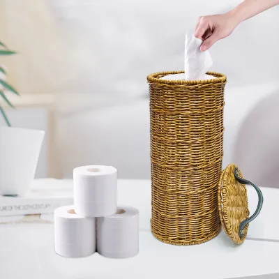 Plastic Basket Organizer Round Natural Rattan Organizer Tissue Holder Life Paper Gravity Dispenser Home and Kitchen