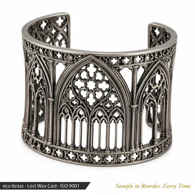 Customized Lost-Wax Cast Gothic Cathedral Arch Filigree Wide Cuff Eco Brass Black Ruthenium AIU Jewelry Dark Fashion OEM Bulk