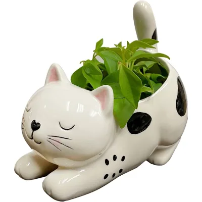 Stretching Kitten Cat Shaped Ceramic Planter for Modern Living Room Decor