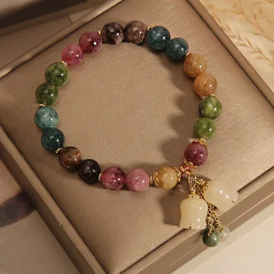 New Natural Stone Colored Tourmaline Bracelet for Women, Instagram, and a Unique Lily Pendant Bracelet As a Gift for Your Friend