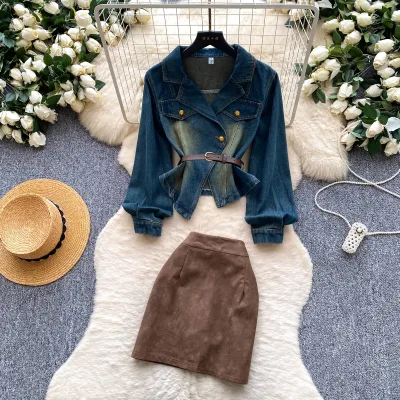 Women's 2 Piece Outfit Set Long Sleeve Lapel Collar Belted Denim Jacket High Waisted Faux Suede Mini Skirt for Spring Fall
