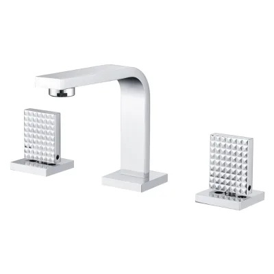 Polished Chrome Widespread Bathroom Faucet Three Hole Square Curved Spout Diamond Pyramid Textured Panel Handles Deck Mount