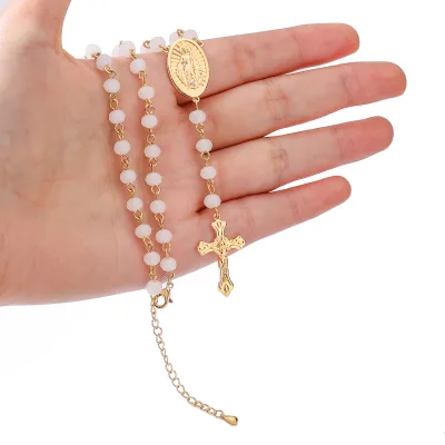 Religious Long Rosaries Cross Glass Beads Necklace Catholic Rosary Virgin Mary Necklace Gold Plated