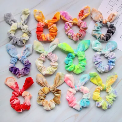 FLYWISH Handmade 12 Colors  Velvet Scrunchie Cute Bunny Ear Tie-Dye Pattern Bright Colors for Girls Cross-Border Children's