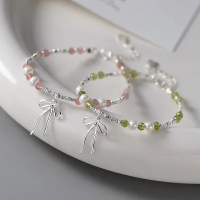 Fresh S925 Sterling Silver Pearl Aquamarine Strawberry Crystal Butterfly Bow Broken Silver Beaded Adjustable Bracelet for Women
