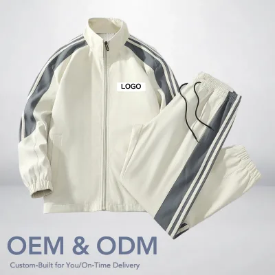 Printed Vintage Solid Breathable Men's Autumn Korean Style Casual Sports Jacket Set 2-in-1 Design Fleece Lining Hidden Pocket
