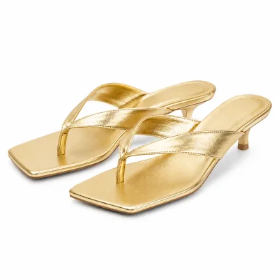 Custom Shoes Factory Women's Square Toe Kitten Heel Flip Flop Sandals Metallic Gold Silver Brown Wholesale OEM ODM Footwear