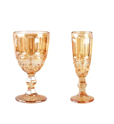 Vintage Tall Champagne Glass Electroplated Amber Embossed Juice Glass With French Wine Engraved Glass